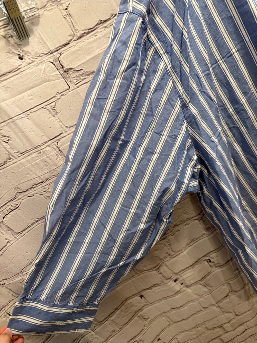 Old Navy Blue and White Striped Women's Button-Up Blouse - Picture 2 of 7